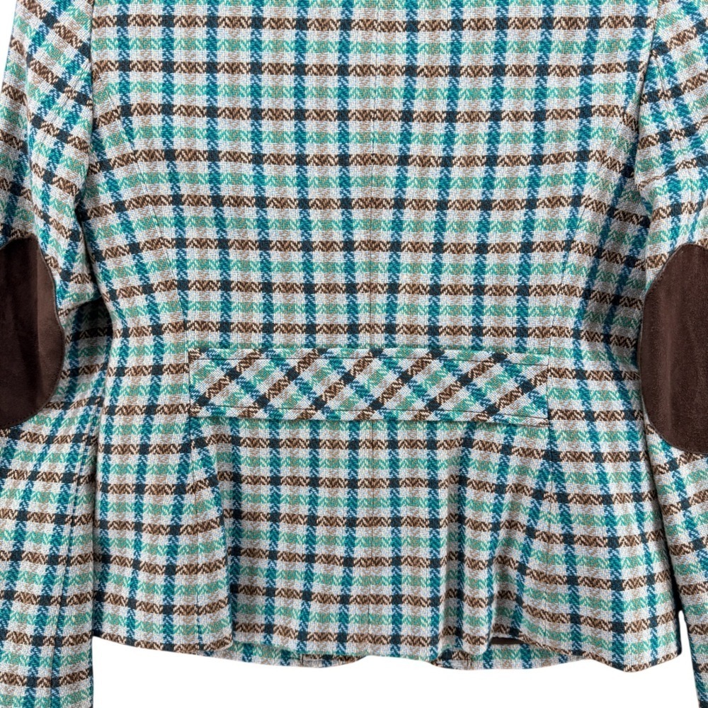 Talbots 100% Wool Blazer Women 2P Pre-Owned Plaid Blue Ruffle Elbow Patch Jacket - Picture 8 of 11